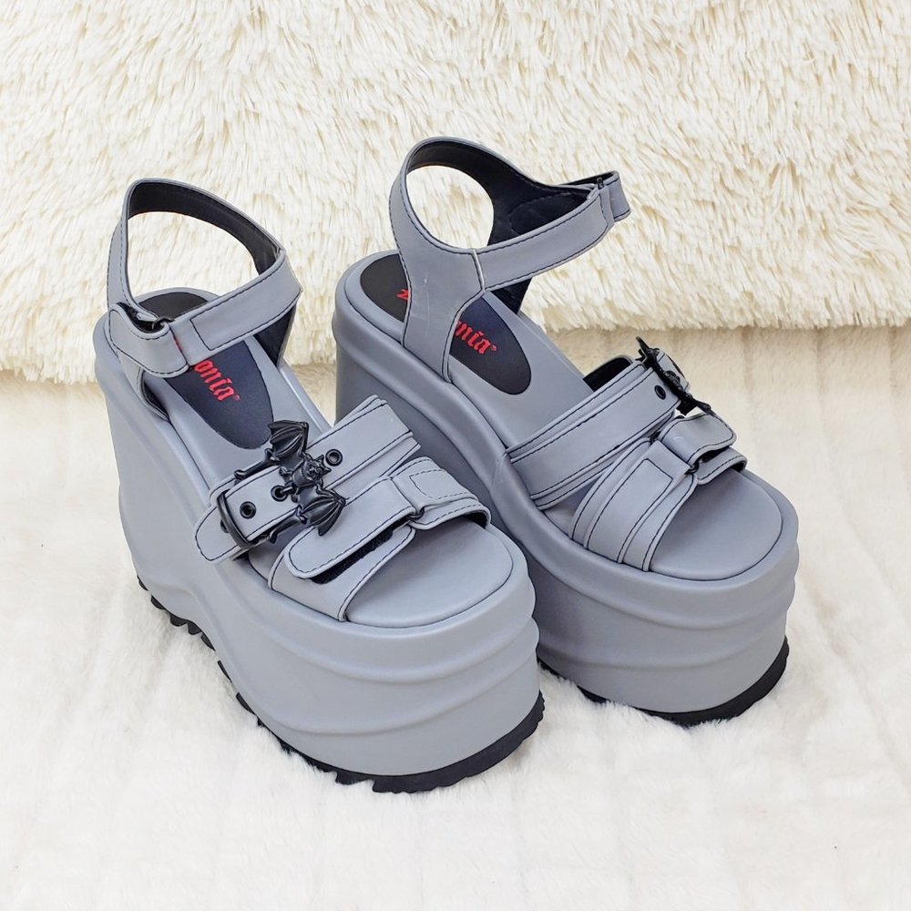 Reflective 6" Platform Goth Wedge Sandals Wave Gray - Picture 6 of 17